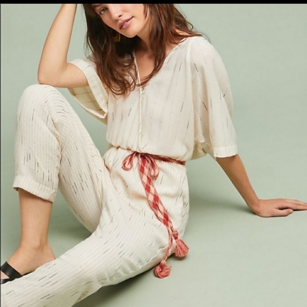 Anthropologie Feather Bone Ivory Metallic Striped Soleil Belted Jumpsuit‎ la